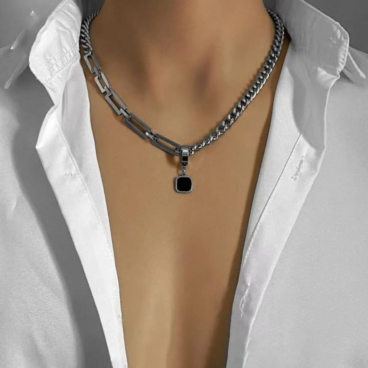 Trendy Hiphop Rock Hot Sale Black Square Pendant Necklace Men Asymmetric Stainless Steel Cuba Chain Necklace For Men Jewelry
