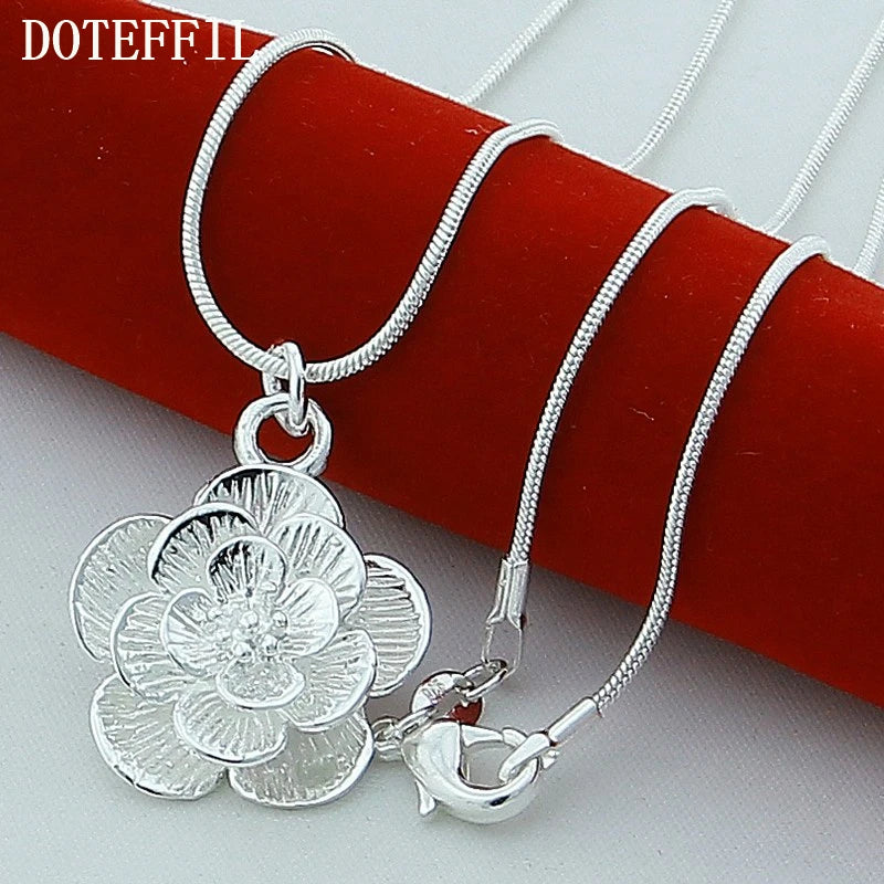 DOTEFFIL 925 Sterling Silver Rose Flower Pendant Necklace 18/20-24/26/30 Inch Snake Chain For Women Wedding Engagement Jewelry