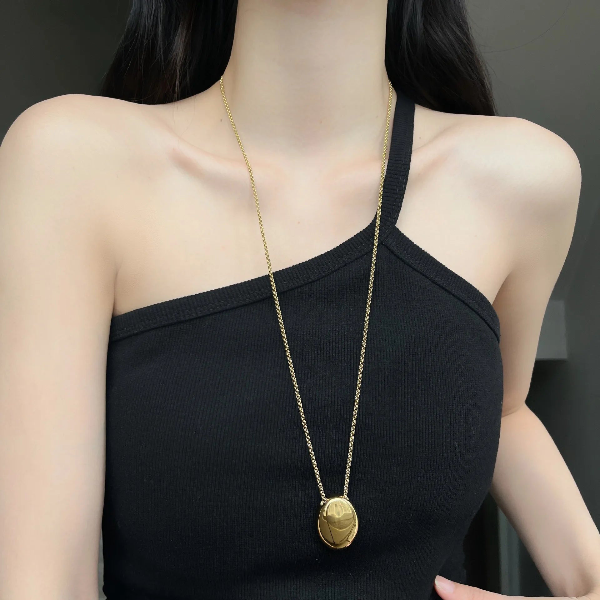 New Brushed Metal Oval Pendant Geometric Long Necklace Women Sweater Chain Luxury Charm Thin Chain Party Elegant Jewelry Gifts N
