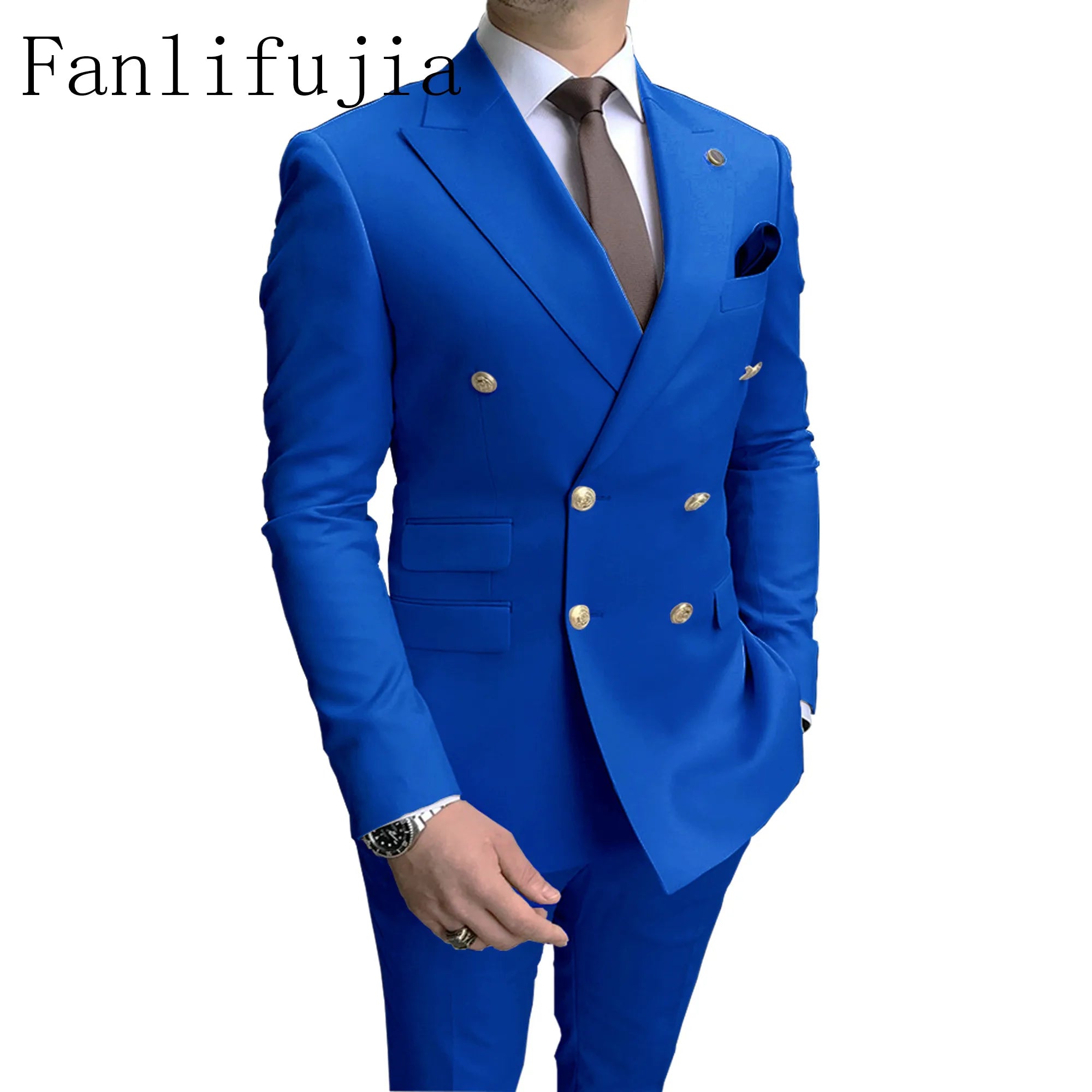 Fanlifujia Store 2024 Casual Sky Blue Men Suits Double Brested Peak Lapel  Gold Button Groom Wedding Tuxedos Best Costume Homme