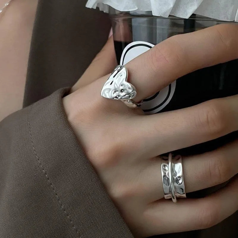 925 Sterling Silver Open Finger Ring Punk Heart Irregular Geometric Stackable For Women Girl Jewelry Gift Dropship Wholesale