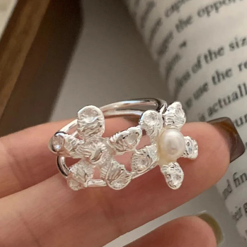 PANJBJ 925 Sterling Silver Pearl Irregular Ring for Women Shell Overlapping Hollow Sweet Design Jewelry Gift Dropshipping