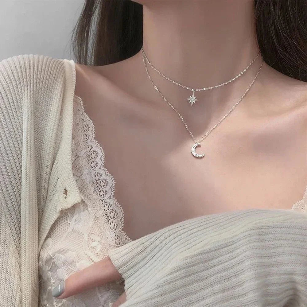 2023 Simple Double Layer Star Moon Charm  Multilayered Necklace Delicate Clavicle Chain Zircon For Women Fashion Jewelry A0459