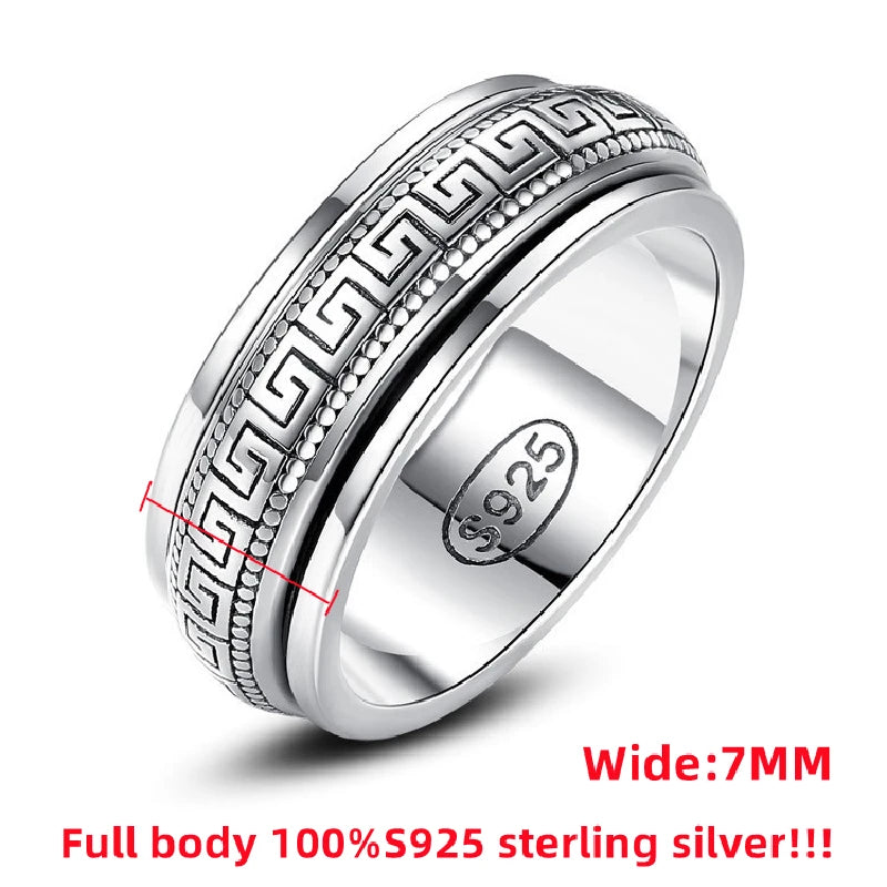Factory Price S925 Sterling Silver Great Wall Pattern Spinner Ring Men Women Real Silver Double-layer Rotatable Rings Jewelry