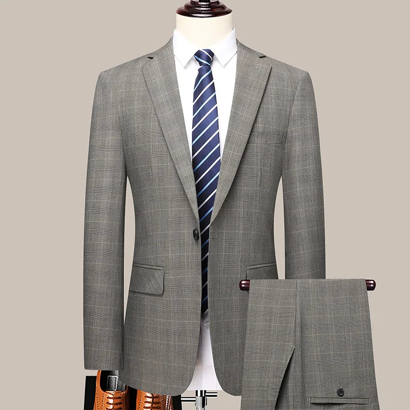 2024 Men's Checkered Business Casual Suit Two-Piece Set Polyester Wedding Trend Handsome Boutique Suit + Trousers