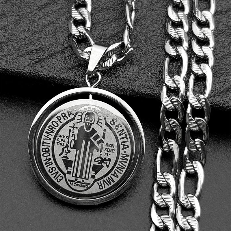 Colorful Crystal Saint Benedict Medal Necklace Women Men Stainless Steel Gold Color Chain Necklaces Jewelry San Benito N8391S05