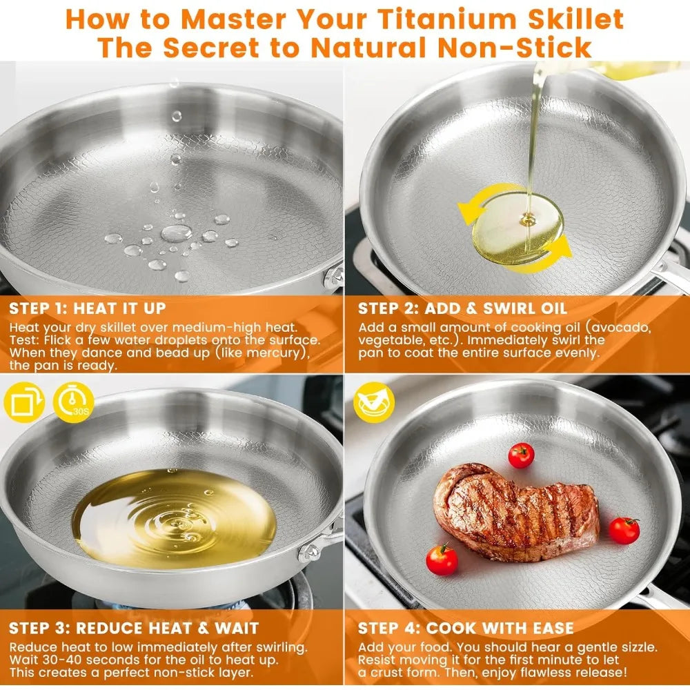 Titanium Steel Frying Pan， Non Stick Pan with Lid Titanium Alloy Cooking Pot Uncoated Fish Scale Hammer Pattern Kitchen Cookware