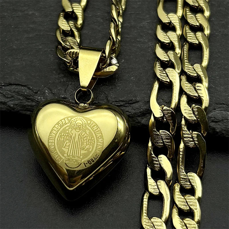 Colorful Crystal Saint Benedict Medal Necklace Women Men Stainless Steel Gold Color Chain Necklaces Jewelry San Benito N8391S05