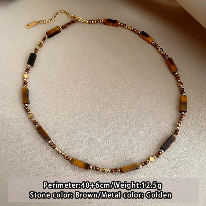 Retro Temperament Layered Tiger Eye Stone Pendant Necklace For Women Stainless steel Double-Layer Collarbone Chain Sets Jewelry