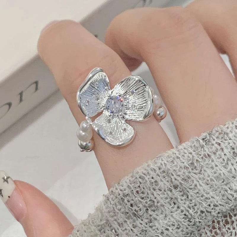 PANJBJ 925 Sterling Silver Pearl Irregular Ring for Women Shell Overlapping Hollow Sweet Design Jewelry Gift Dropshipping