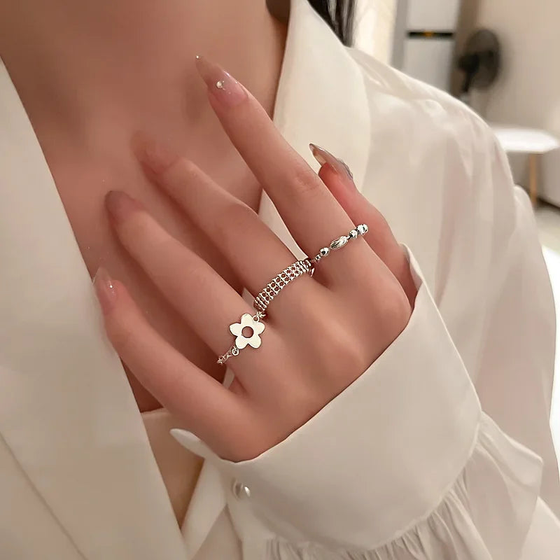 PONYKISS 925 Sterling Silver Flower Ball Long Tassel Chain Adjustable Pull Ring for Women Index Finger Ring Trendy Fine Jewelry