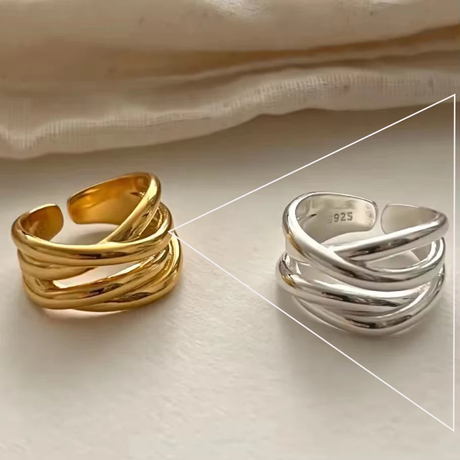 VENTFILLE 925 Sterling Silver Irregular Design Wave Golden Stackable Finger Rings Trendy Adjustable For Women Gifts Dropshipping