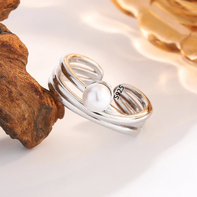 PANJBJ 925 Sterling Silver Pearl Irregular Ring for Women Shell Overlapping Hollow Sweet Design Jewelry Gift Dropshipping