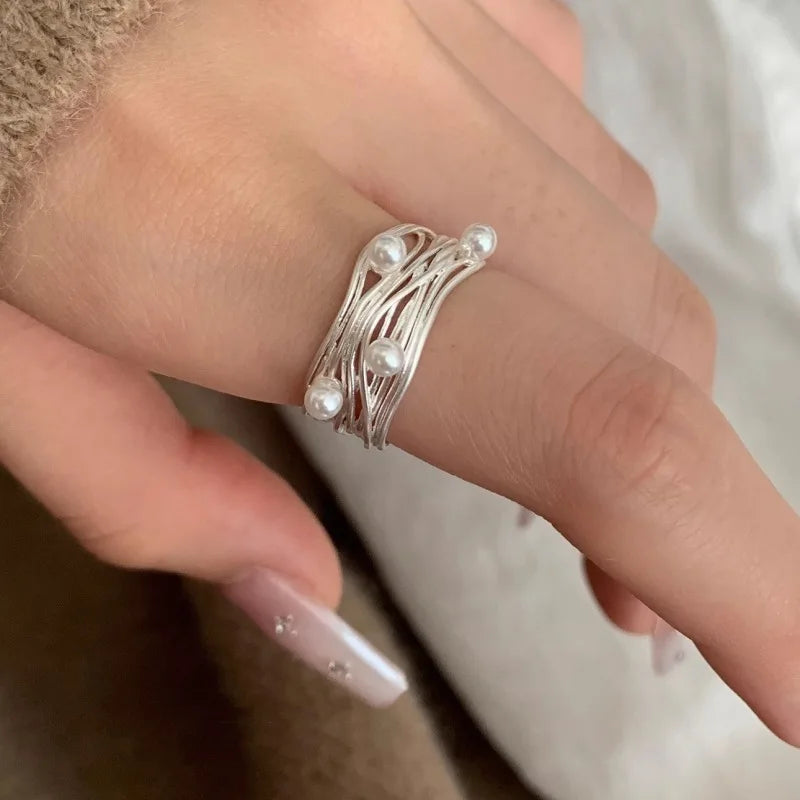 PANJBJ 925 Sterling Silver Pearl Irregular Ring for Women Shell Overlapping Hollow Sweet Design Jewelry Gift Dropshipping