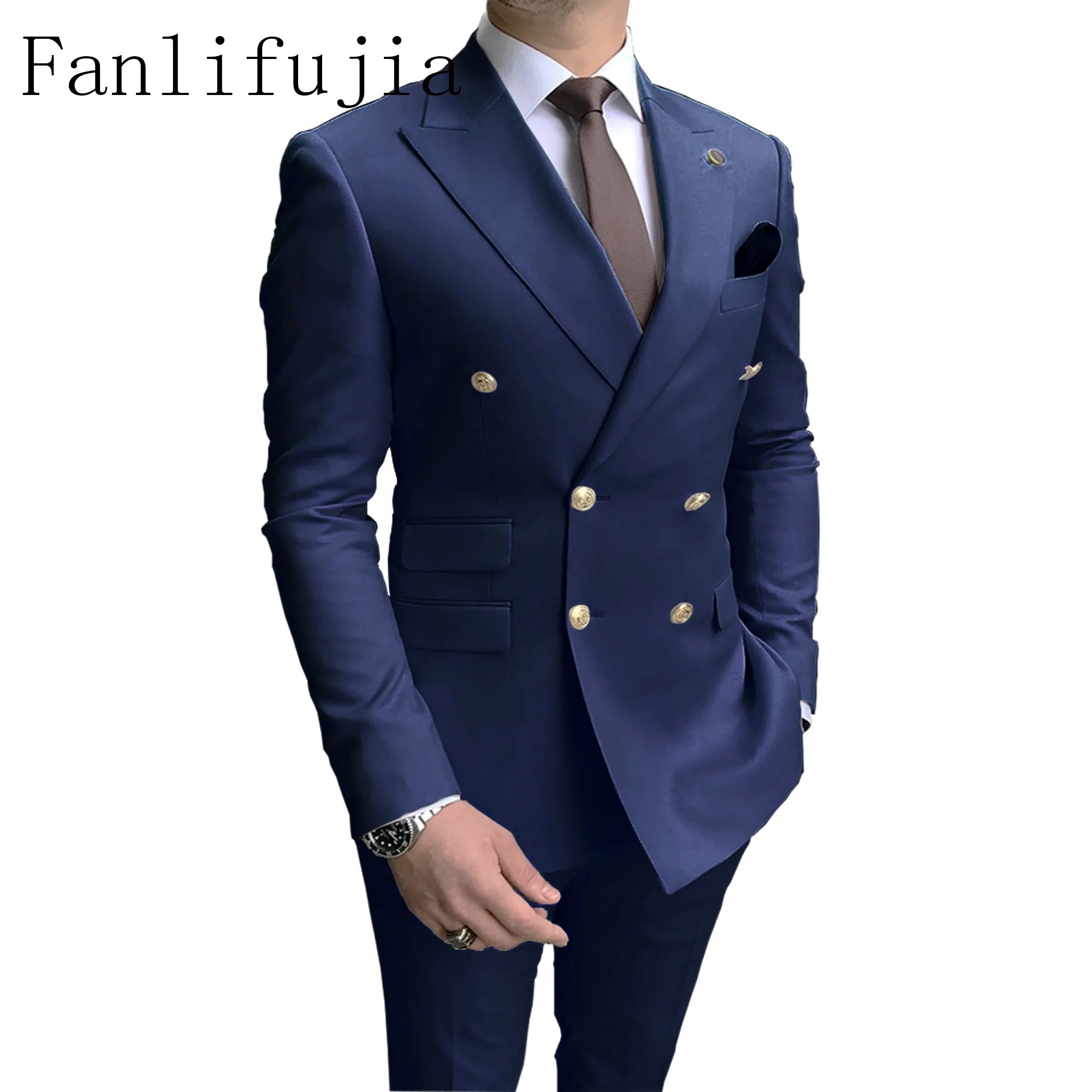 Fanlifujia Store 2024 Casual Sky Blue Men Suits Double Brested Peak Lapel  Gold Button Groom Wedding Tuxedos Best Costume Homme