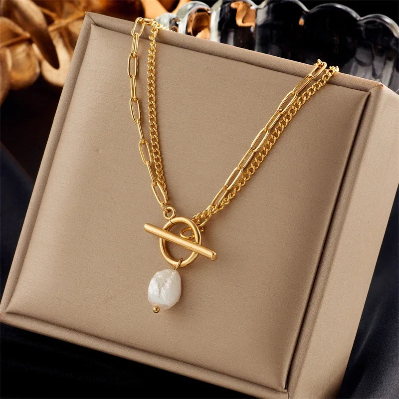 Fashion OT Clasp Imitation Baroque Pearl Pendant Necklace For Women New Girls 2-Layer Chain Jewelry Party Gifts