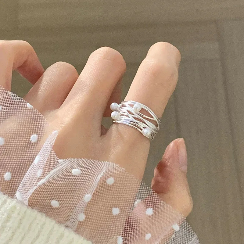 PANJBJ 925 Sterling Silver Pearl Irregular Ring for Women Shell Overlapping Hollow Sweet Design Jewelry Gift Dropshipping