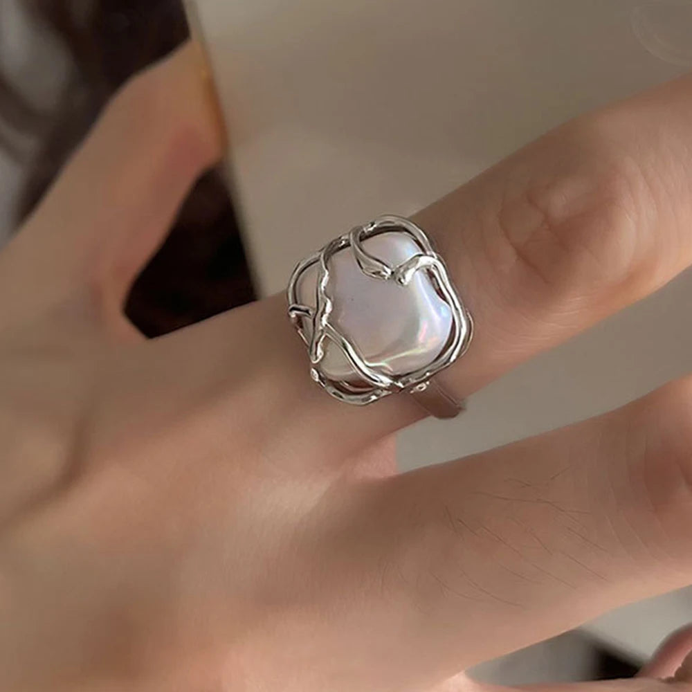 PANJBJ 925 Sterling Silver Pearl Irregular Ring for Women Shell Overlapping Hollow Sweet Design Jewelry Gift Dropshipping