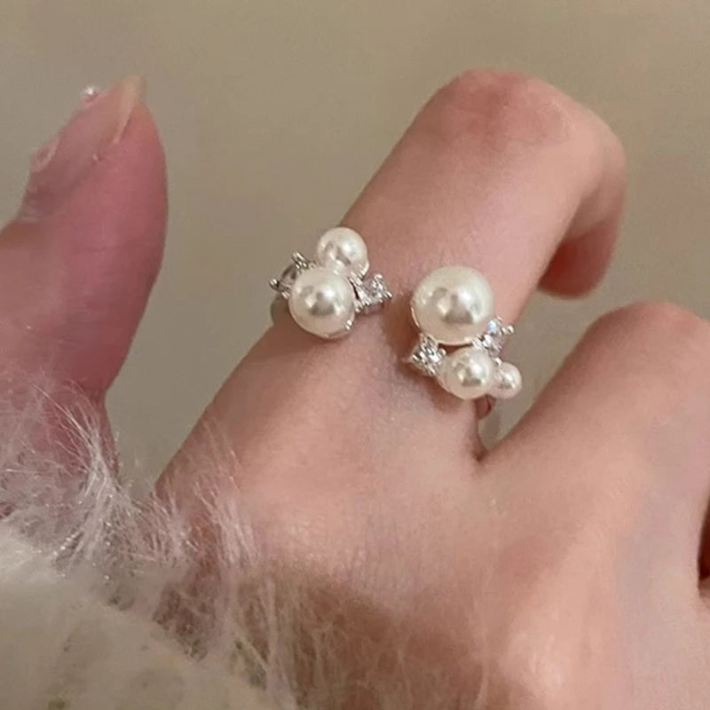 PANJBJ 925 Sterling Silver Pearl Irregular Ring for Women Shell Overlapping Hollow Sweet Design Jewelry Gift Dropshipping