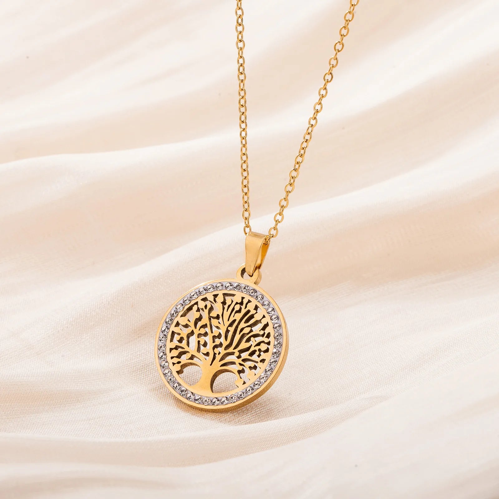Women's Stainless Steel Gold-Color Tree of Life Necklace with Clear Zircon round Pendant Luxury Jewelry Gift for Weddings