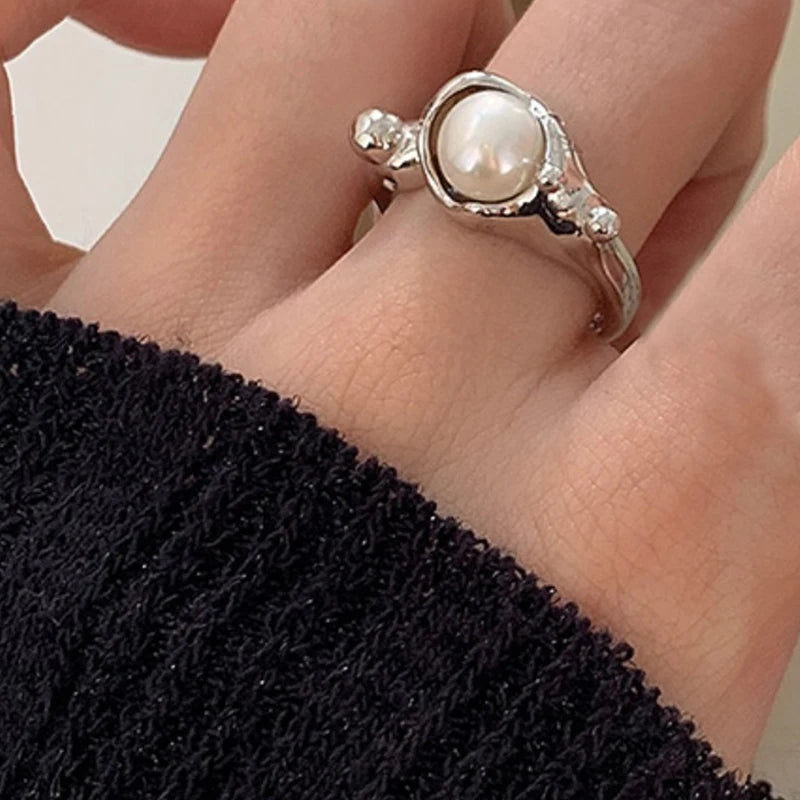 PANJBJ 925 Sterling Silver Pearl Irregular Ring for Women Shell Overlapping Hollow Sweet Design Jewelry Gift Dropshipping