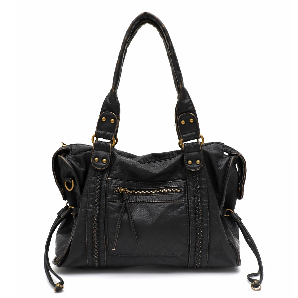 Vintage Washed PU Leather Large Capacity Tote Zip Pockets Braid Decor Shoulder Cross body Bag Unisex Women Daily Travel Handbag