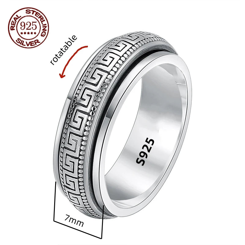 Factory Price S925 Sterling Silver Great Wall Pattern Spinner Ring Men Women Real Silver Double-layer Rotatable Rings Jewelry