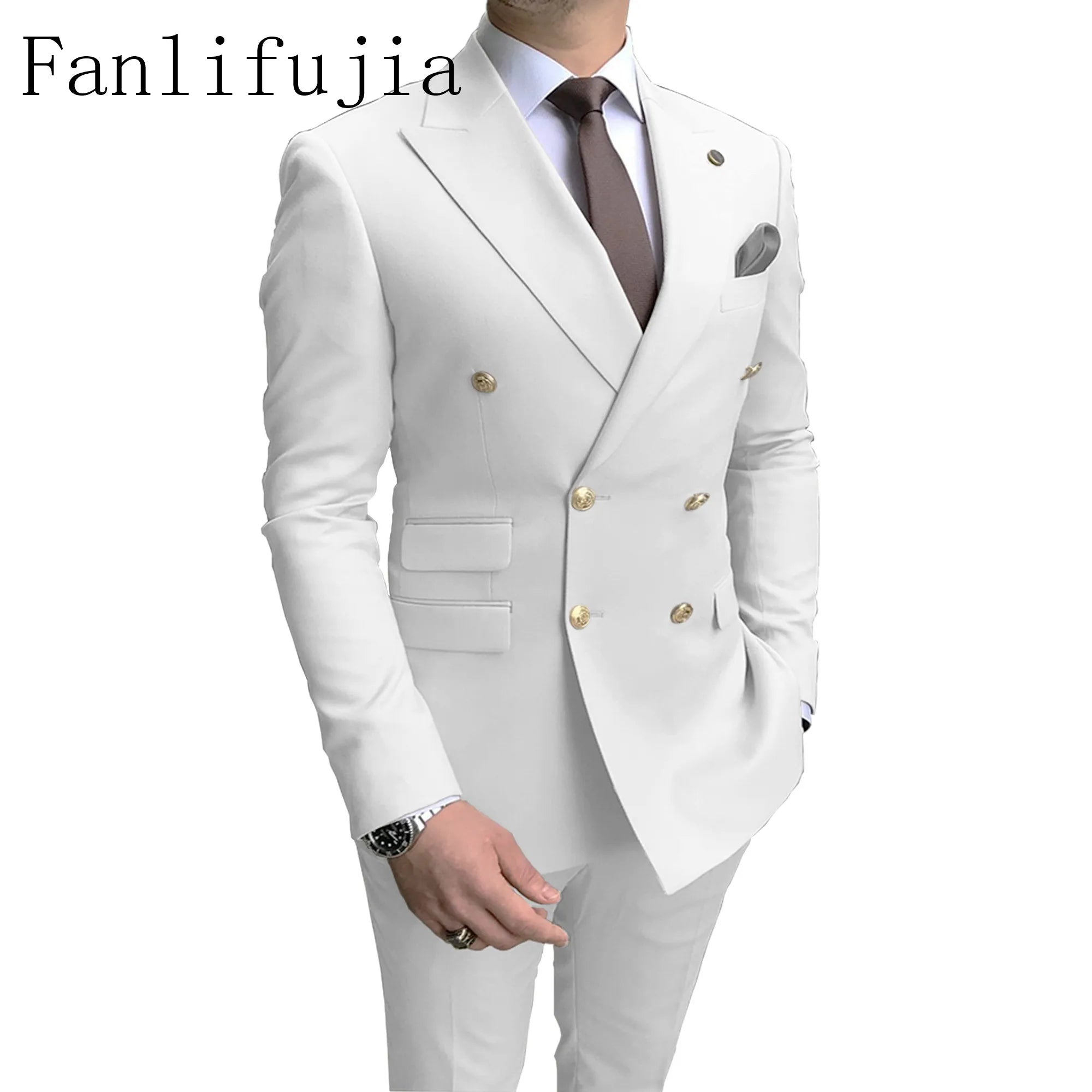 Fanlifujia Store 2024 Casual Sky Blue Men Suits Double Brested Peak Lapel  Gold Button Groom Wedding Tuxedos Best Costume Homme