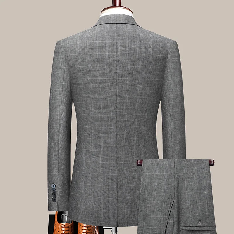 2024 Men's Checkered Business Casual Suit Two-Piece Set Polyester Wedding Trend Handsome Boutique Suit + Trousers