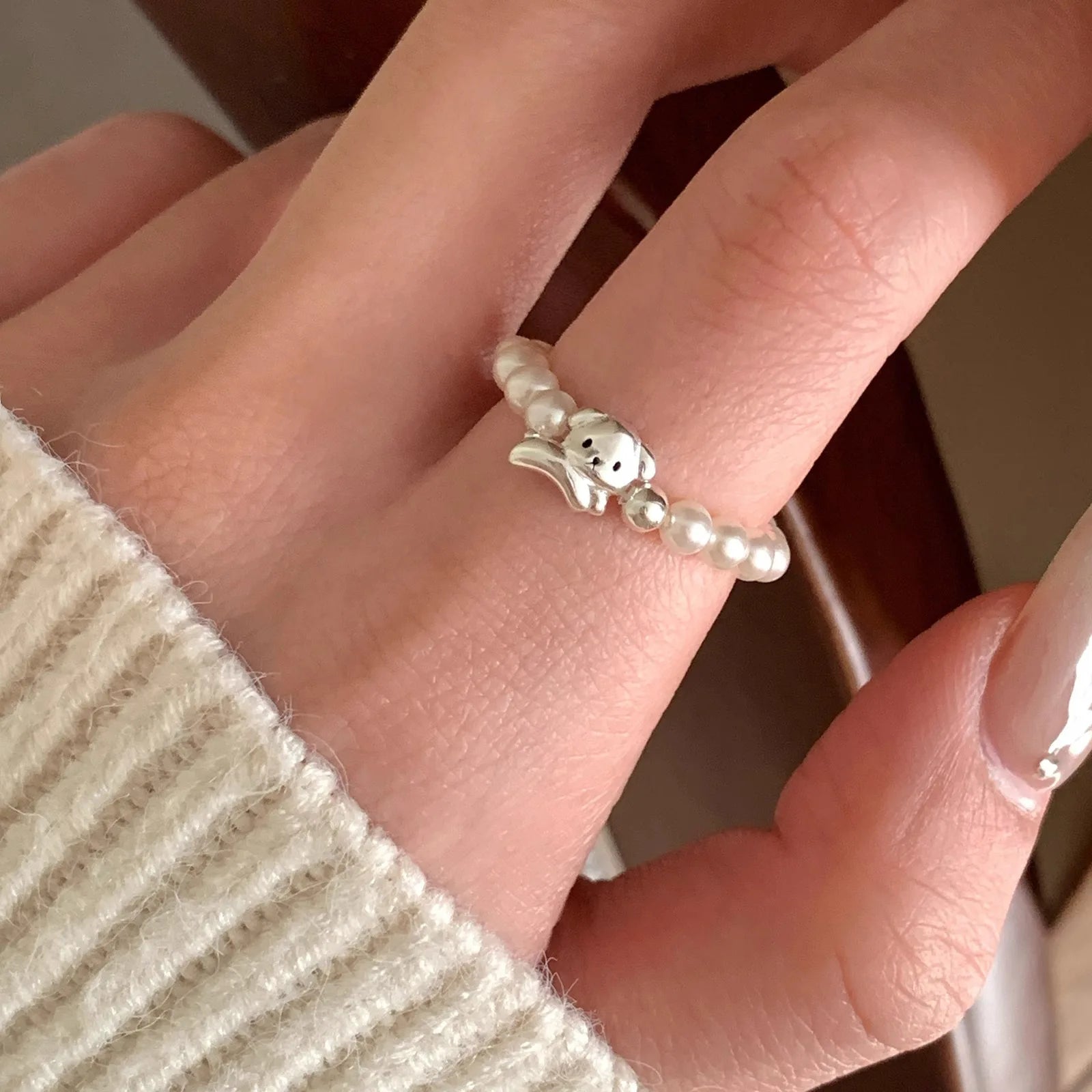 PANJBJ 925 Sterling Silver Pearl Irregular Ring for Women Shell Overlapping Hollow Sweet Design Jewelry Gift Dropshipping