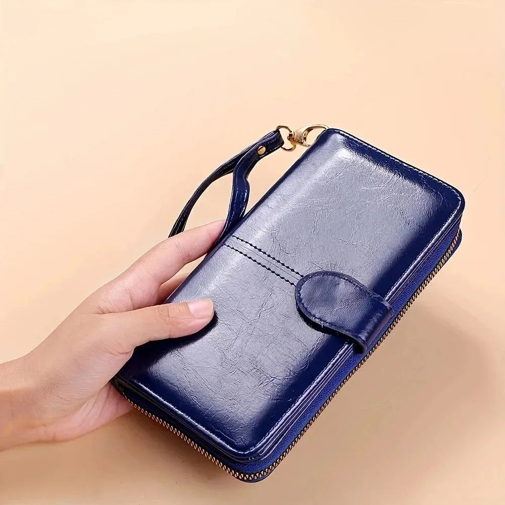 Women's Vintage Oil Wax PU Leather Clutch Wallet Female Large Capacity Phone Purse Ladies Wristband Simple Card Holder Pouch Bag