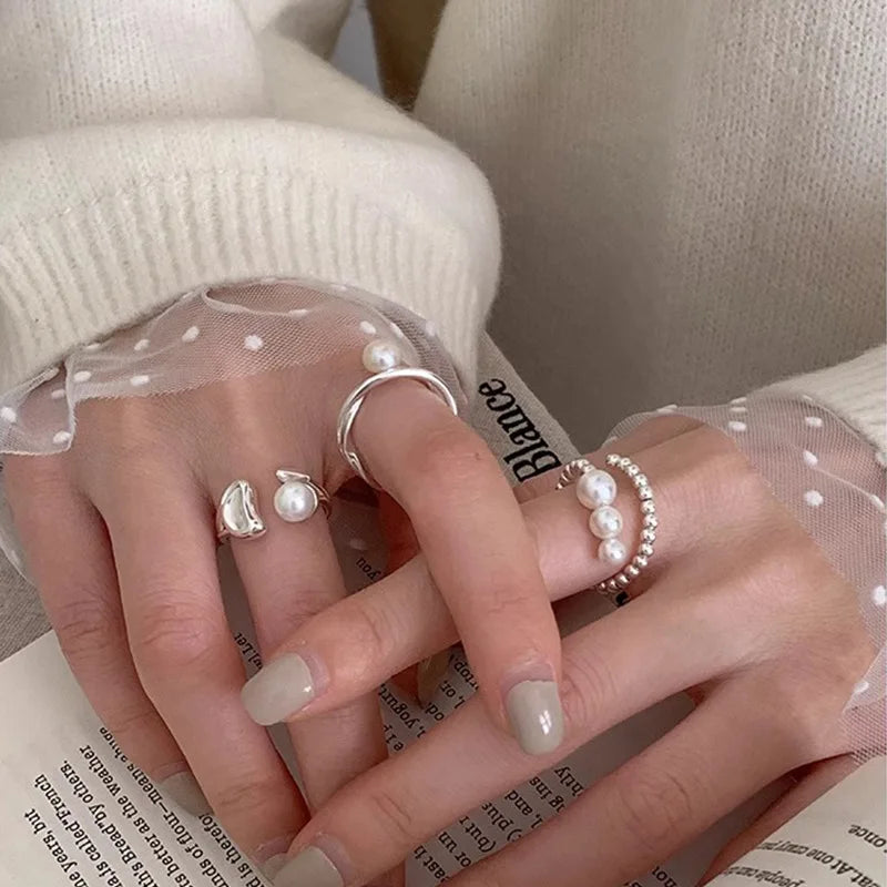 PANJBJ 925 Sterling Silver Pearl Irregular Ring for Women Shell Overlapping Hollow Sweet Design Jewelry Gift Dropshipping