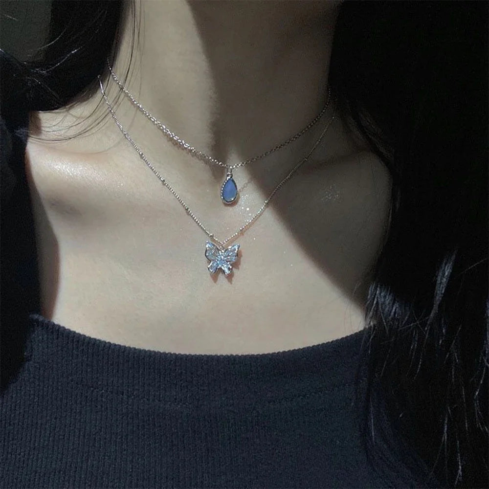 2023 Simple Double Layer Star Moon Charm  Multilayered Necklace Delicate Clavicle Chain Zircon For Women Fashion Jewelry A0459