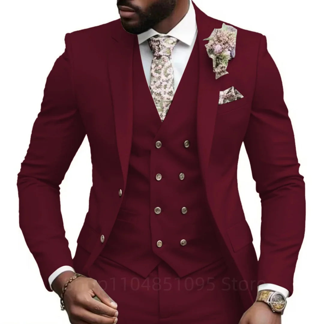Casual Jacket Vest Pants 3Pcs Elegant Pink Wedding Suits for Men Slim Fit Notch Lapel Blazer Best Man Groom Suit Male Tuxedo Set