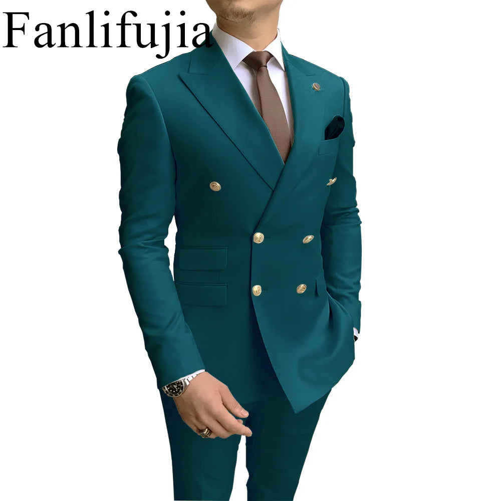 Fanlifujia Store 2024 Casual Sky Blue Men Suits Double Brested Peak Lapel  Gold Button Groom Wedding Tuxedos Best Costume Homme
