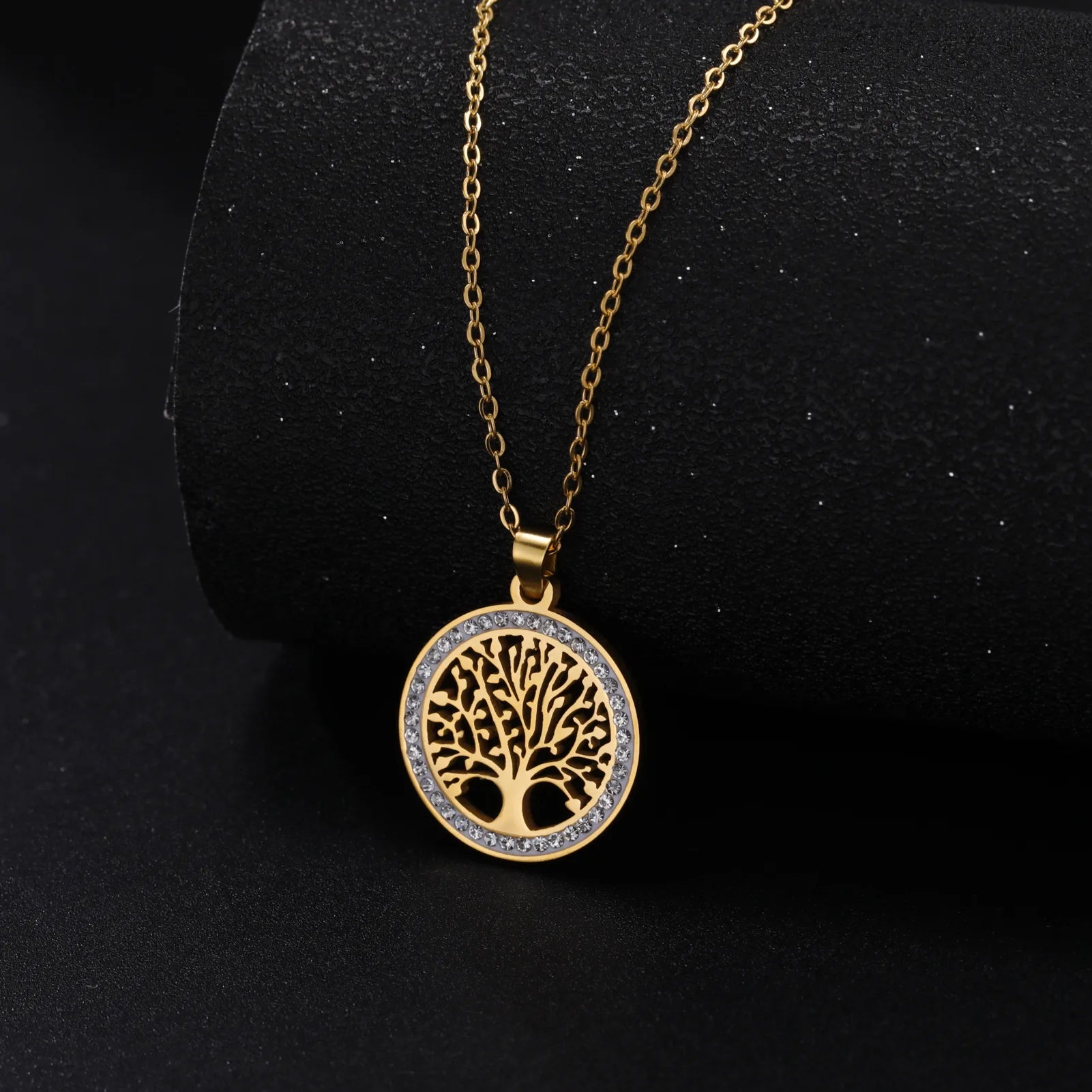 Women's Stainless Steel Gold-Color Tree of Life Necklace with Clear Zircon round Pendant Luxury Jewelry Gift for Weddings