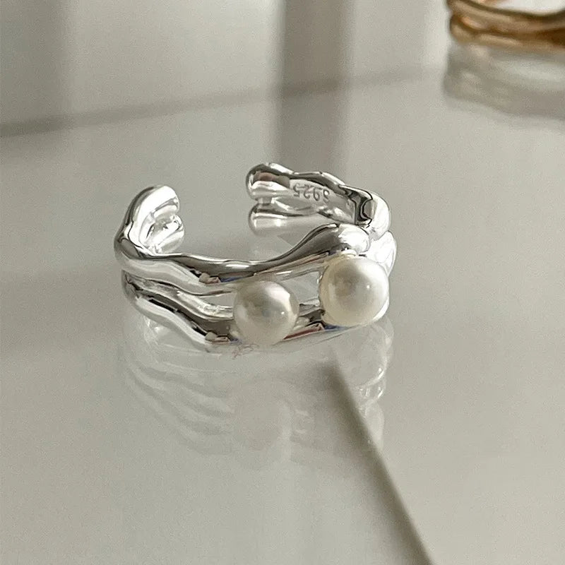 PANJBJ 925 Sterling Silver Pearl Irregular Ring for Women Shell Overlapping Hollow Sweet Design Jewelry Gift Dropshipping