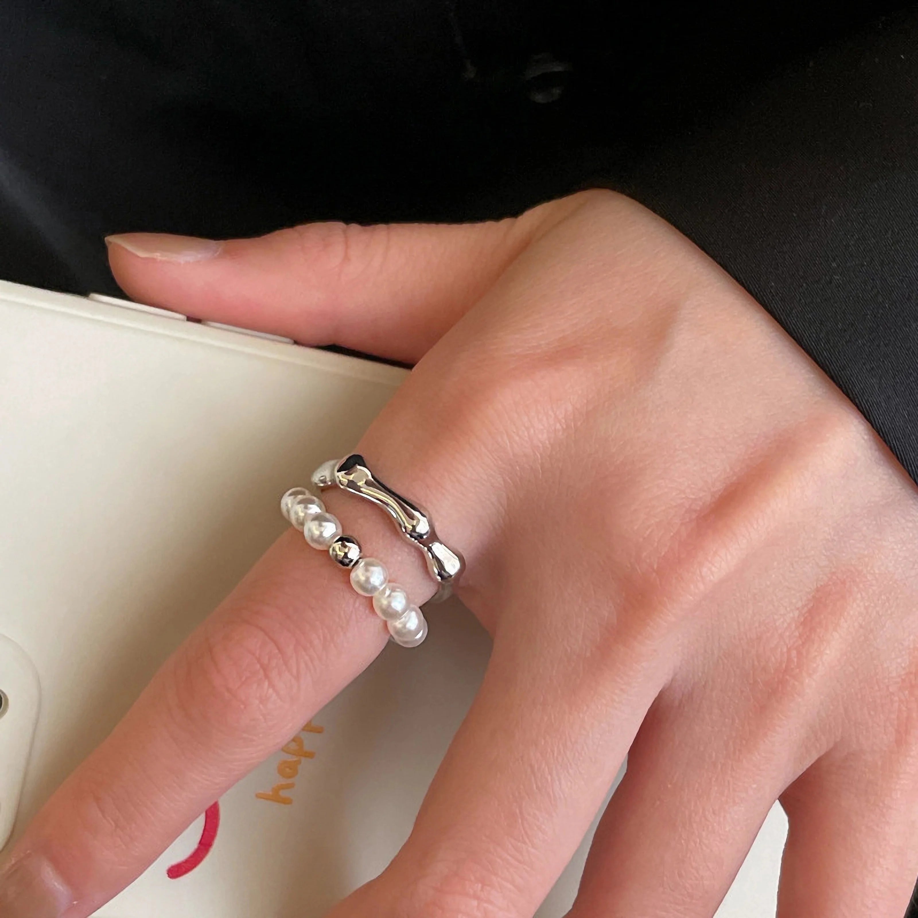 PANJBJ 925 Sterling Silver Pearl Irregular Ring for Women Shell Overlapping Hollow Sweet Design Jewelry Gift Dropshipping