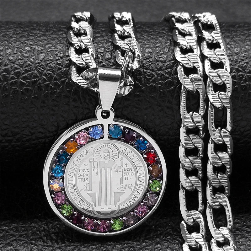 Colorful Crystal Saint Benedict Medal Necklace Women Men Stainless Steel Gold Color Chain Necklaces Jewelry San Benito N8391S05