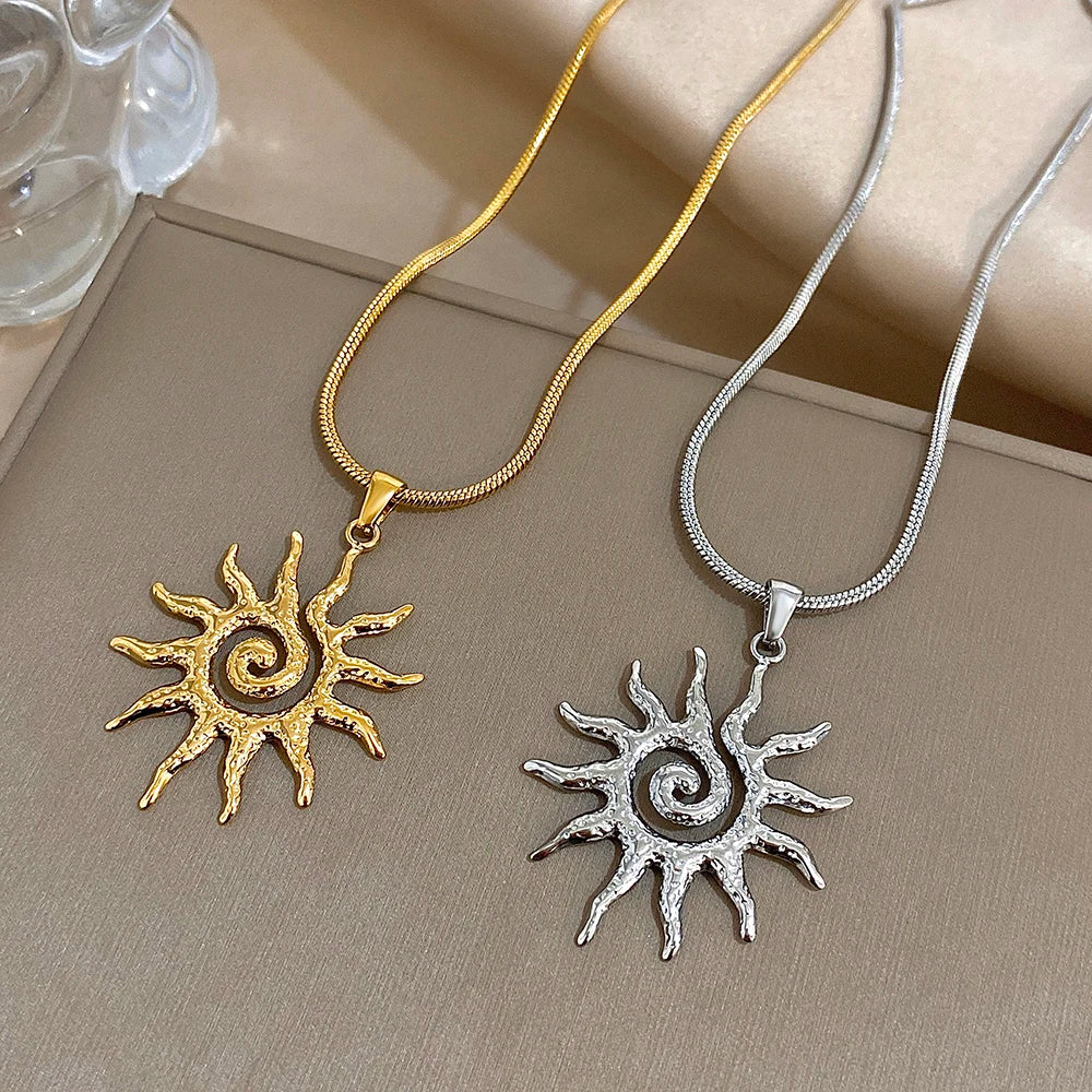 Flashbuy Vintage Chic Sun Shaped Pendant Stainless Steel Necklace Statement Golden Fashion Jewlery Gift
