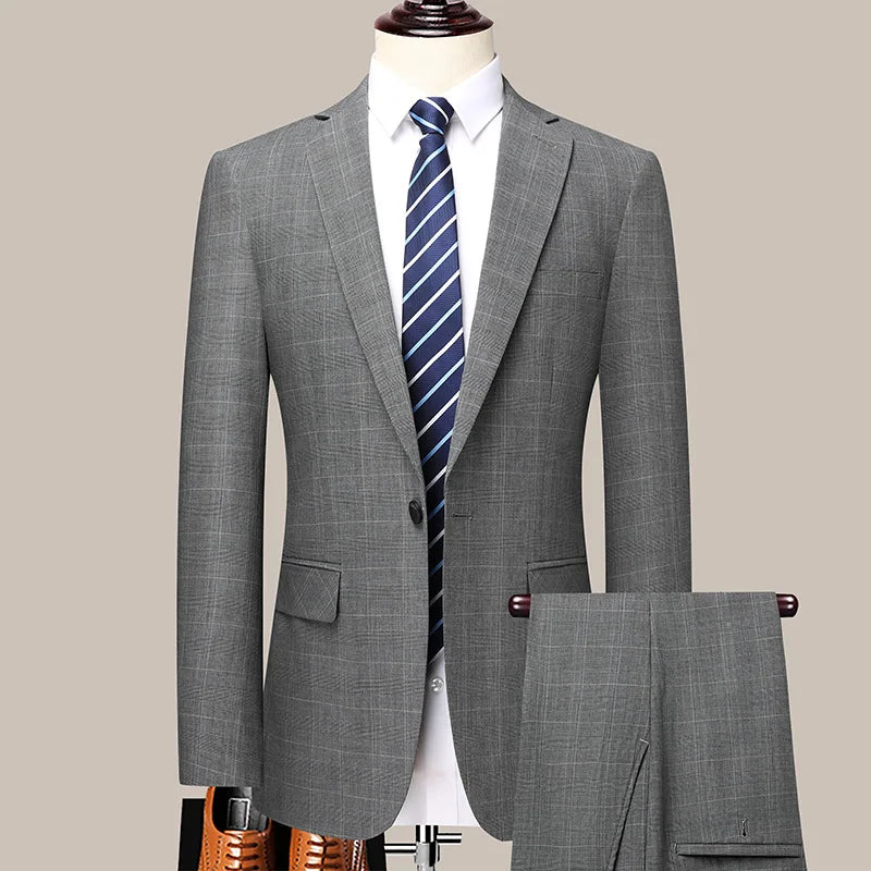 2024 Men's Checkered Business Casual Suit Two-Piece Set Polyester Wedding Trend Handsome Boutique Suit + Trousers