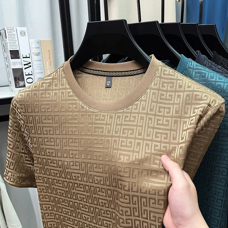 2025 New Men's Fashionable Jacquard Short Sleeved Round Neck T-shirt Casual and Comfortable All Season Versatile Top