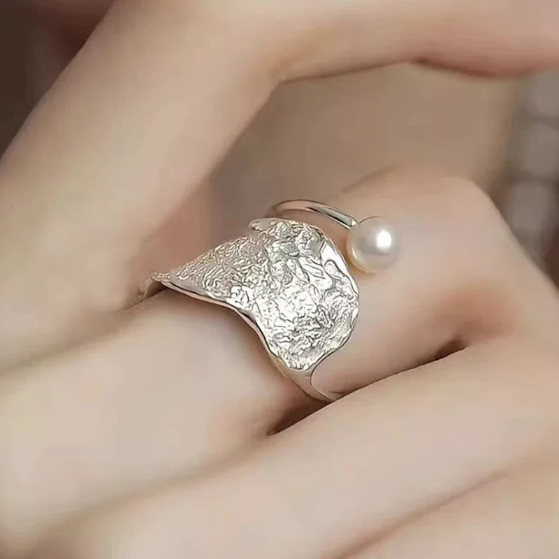 PANJBJ 925 Sterling Silver Pearl Irregular Ring for Women Shell Overlapping Hollow Sweet Design Jewelry Gift Dropshipping