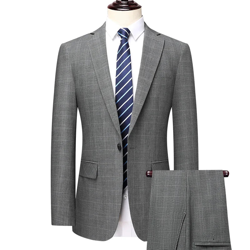 2024 Men's Checkered Business Casual Suit Two-Piece Set Polyester Wedding Trend Handsome Boutique Suit + Trousers