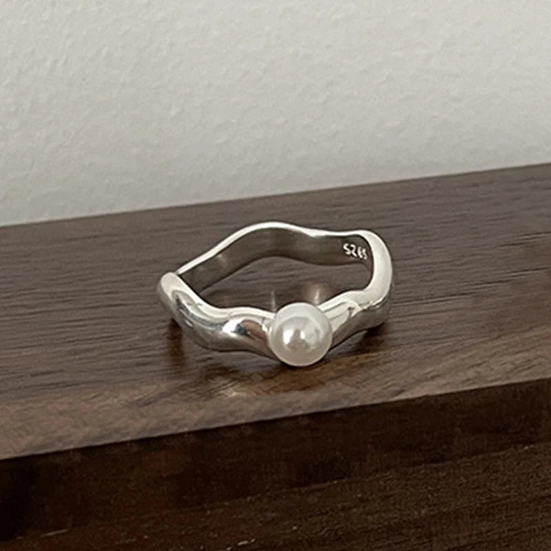 PANJBJ 925 Sterling Silver Pearl Irregular Ring for Women Shell Overlapping Hollow Sweet Design Jewelry Gift Dropshipping