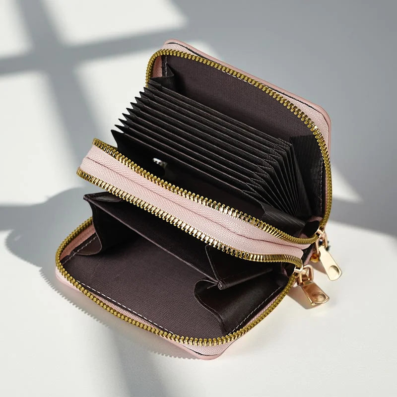 Stitch Design PU Leather Wallet – Double Zipper Short Coin Purse with Card Slots, Cute Cartoon Style, 4 Colors Available