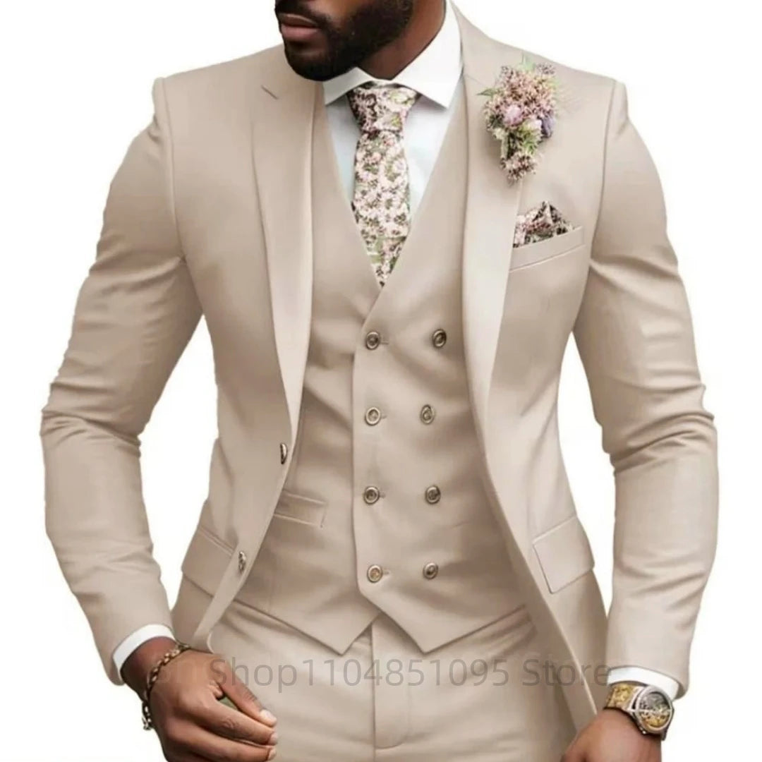 Casual Jacket Vest Pants 3Pcs Elegant Pink Wedding Suits for Men Slim Fit Notch Lapel Blazer Best Man Groom Suit Male Tuxedo Set