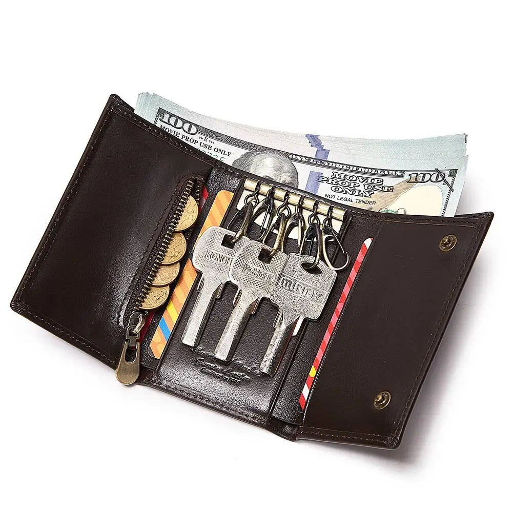 Genuine Cowhide Leather Key Holder Wallet for Men Casual Keys Organizer Portable Solid Key Pouch Car Keychain Housekeeper
