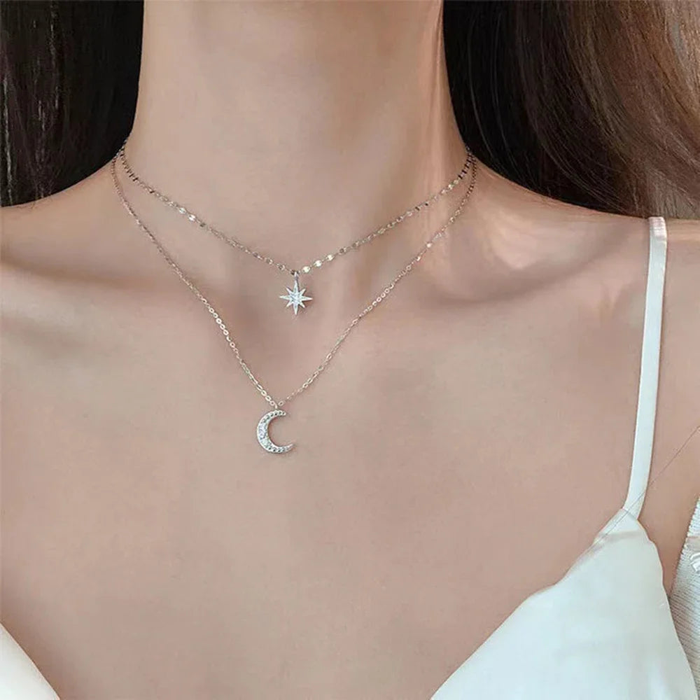2023 Simple Double Layer Star Moon Charm  Multilayered Necklace Delicate Clavicle Chain Zircon For Women Fashion Jewelry A0459