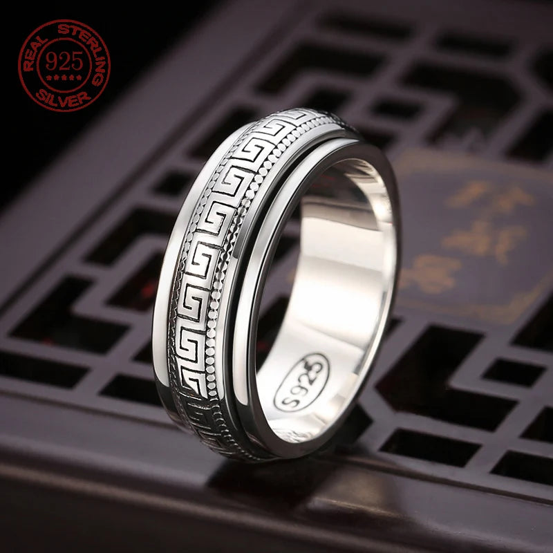 Factory Price S925 Sterling Silver Great Wall Pattern Spinner Ring Men Women Real Silver Double-layer Rotatable Rings Jewelry